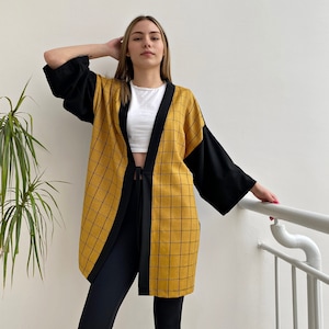 Women's Haori Style Jacket, Oversized Japanese Kimono, Cotton Linen Long Cardigan, Lightweight Spring Coat, Clothing Gift, Boho Loose Top