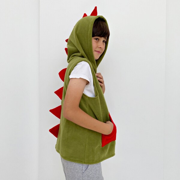 Traje de chaleco de dinosaurio verde, traje de dinosaurio de Halloween, sudadera con capucha de vacaciones para niños, chaleco con capucha de lana de picos rojos, vestido de T-Rex, regalo de amante de Dino