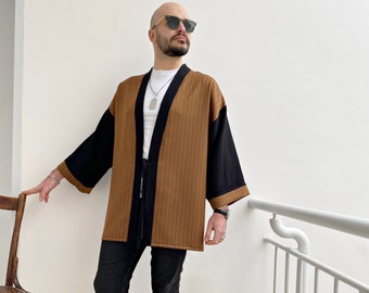 Men's Haori Kimono Jacket, Summer Lightweight Noragi, Streetwear Japanese Yukata Cardigan, Cotton Striped Noragi, Loose Plus Size Coat