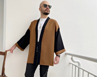 Men's Haori Kimono Jacket, Summer Lightweight Noragi, Streetwear Japanese Yukata Cardigan, Striped Noragi Coat
