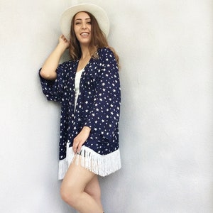 Celestial Fringe Kimono Jacket, Constellation Boho Clothing, Starry Night Kimono Robe, Loose Women Festival Cardigan