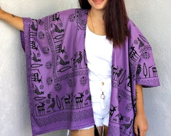 Boho Purple Kimono Cardigan, Tribal Print Cotton Poncho