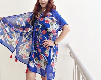 Blue Floral Cotton Kimono, Bohemian Beach Cover-Up, Red Tassels