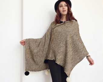 Poncho Blanket Scarf, Textured Tricot Knit, Pompom Festival Stole
