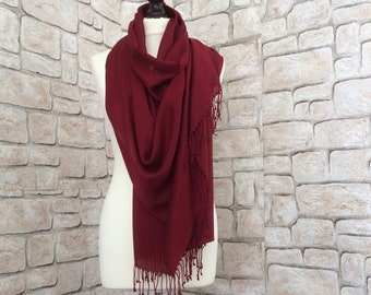 Burgundy Pashmina Scarf, Dark Red Cotton Tassel Shawl, Wine Wrap Stole, Bridal Boho Accessory