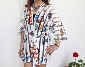 Rainbow Butterfly Kimono Jacket, Bohemian Cardigan Robe, Casual Lounge Clothing, Cottagecore Loose Kimono Top, Monarch Print Beach Coverup