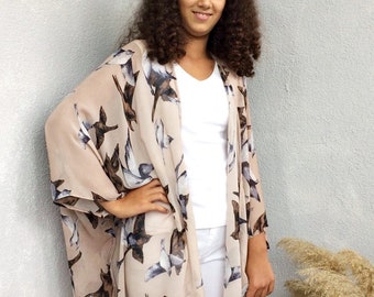 Birds Print Chiffon Kimono Jacket, Boho Sheer Cardigan