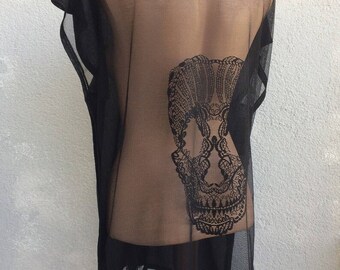 Black Skull Lace Kimono Jacket, Gothic Steampunk Festival Coverup
