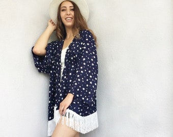 Celestial Fringe Kimono Jacket, Constellation Boho Clothing, Starry Night Kimono Robe, Loose Women Festival Cardigan