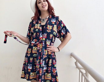 Kimono imprimé hibou, robe de chambre en coton, veste Duster polyvalente, robe kimono ample Boho, couverture hibou de plage, haut cardigan festival