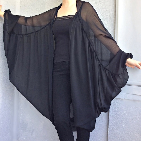 Black Tulle Kimono, Butterfly Sheer Jacket, Loose Kimono Robe, Transparent Tulle Tunic, Beach Coverup, Summer Cardigan Top, Women's Gift