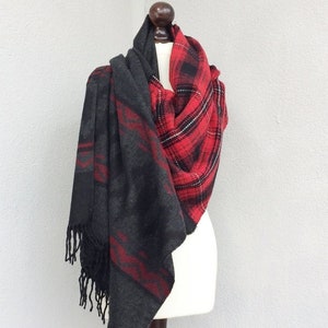 Long Tribal Plaid Blanket Scarf, Tartan Wool Unisex Shawl, Oversized Patchwork Shoulder Wrap, Boho Men Women Scarf, Aztec Winter Stole