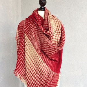 Red Plaid Blanket Scarf, Tartan Oversized Men Shawl, Boho Travel Women Wrap, Winter Checkered Scarf, Father&#39;s Day Gift