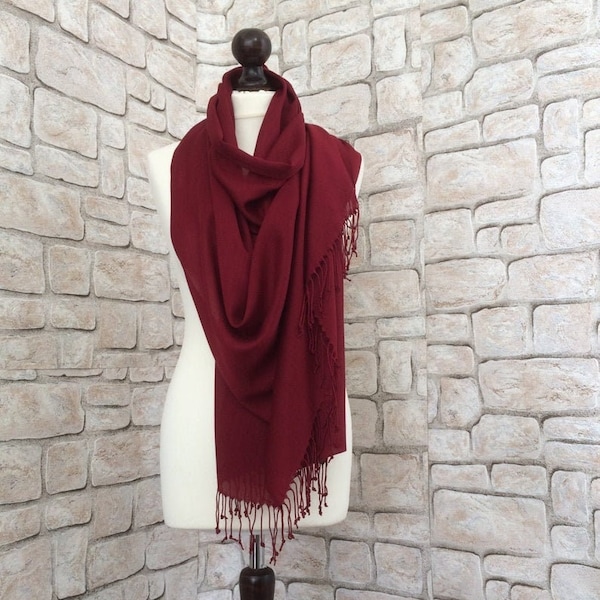 Burgundy Pashmina Scarf, Oversize Cotton Tassel Shawl, Bridesmaid Gift, Wine Wrap Scarf, Mother's Gift, Bridal Boho Shawl