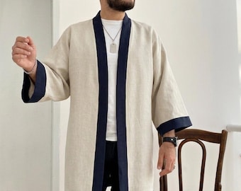 Mens Linen Kimono Jacket, Japanese Haori Noragi, Lightweight Summer Coat, Minimalist Japandi Cardigan