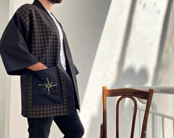 Japanese Haori Jacket, Street Style Men's Travel Kimono, Compass Embroidery Noragi Coat