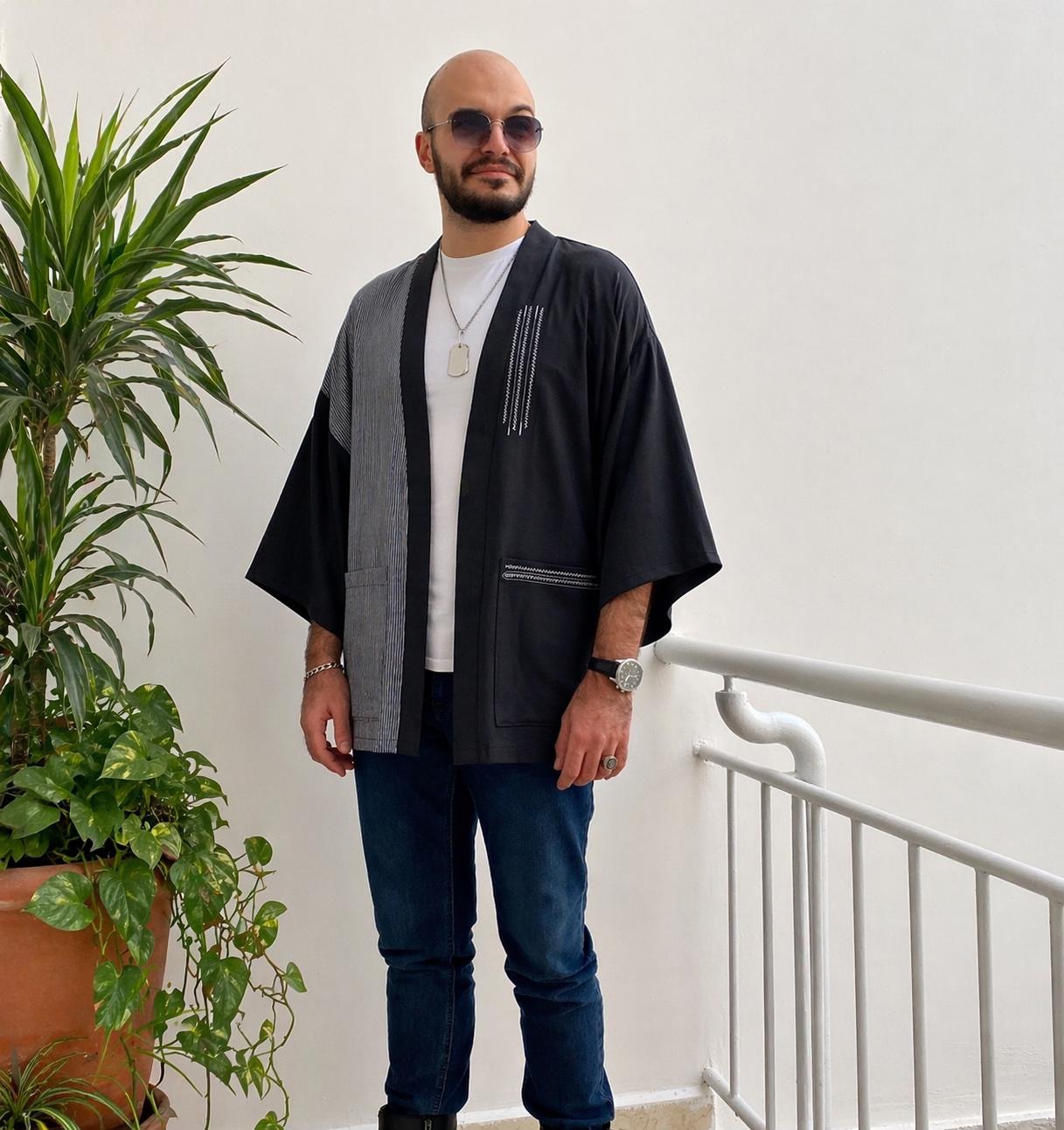 Men's Striped Summer Jacket, Sashiko Stitching Kimono, Plus Size