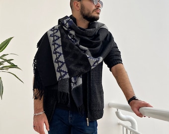 Aztec Tribal Blanket Scarf, Boho Wool Blend Prayer Shawl