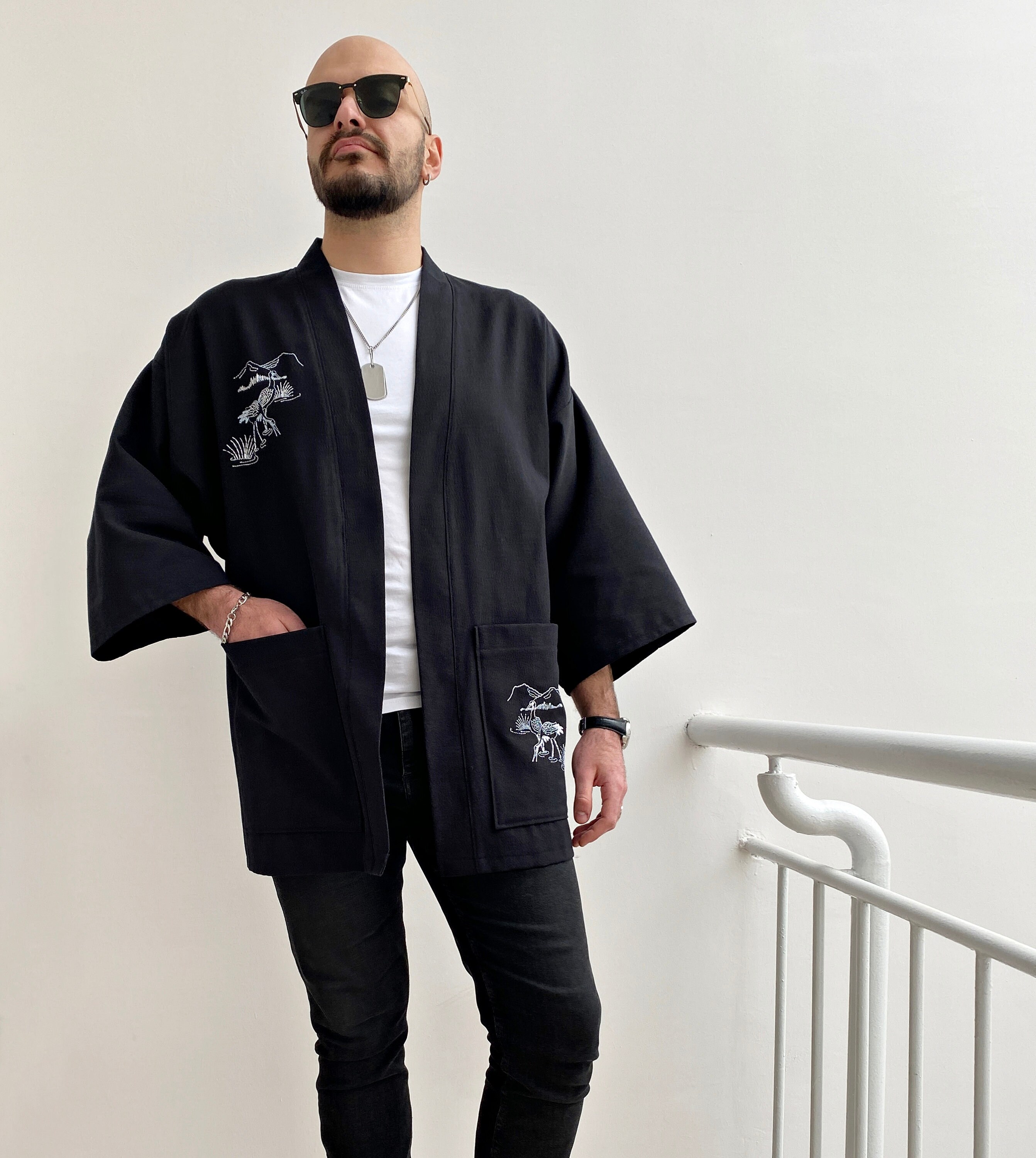 Linen Japanese Haori Jacket, Crane Embroidery Kimono, Men's Black