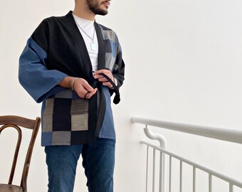 Boho Patchwork Haori Jacket, Men's Japanese Kimono, Retro