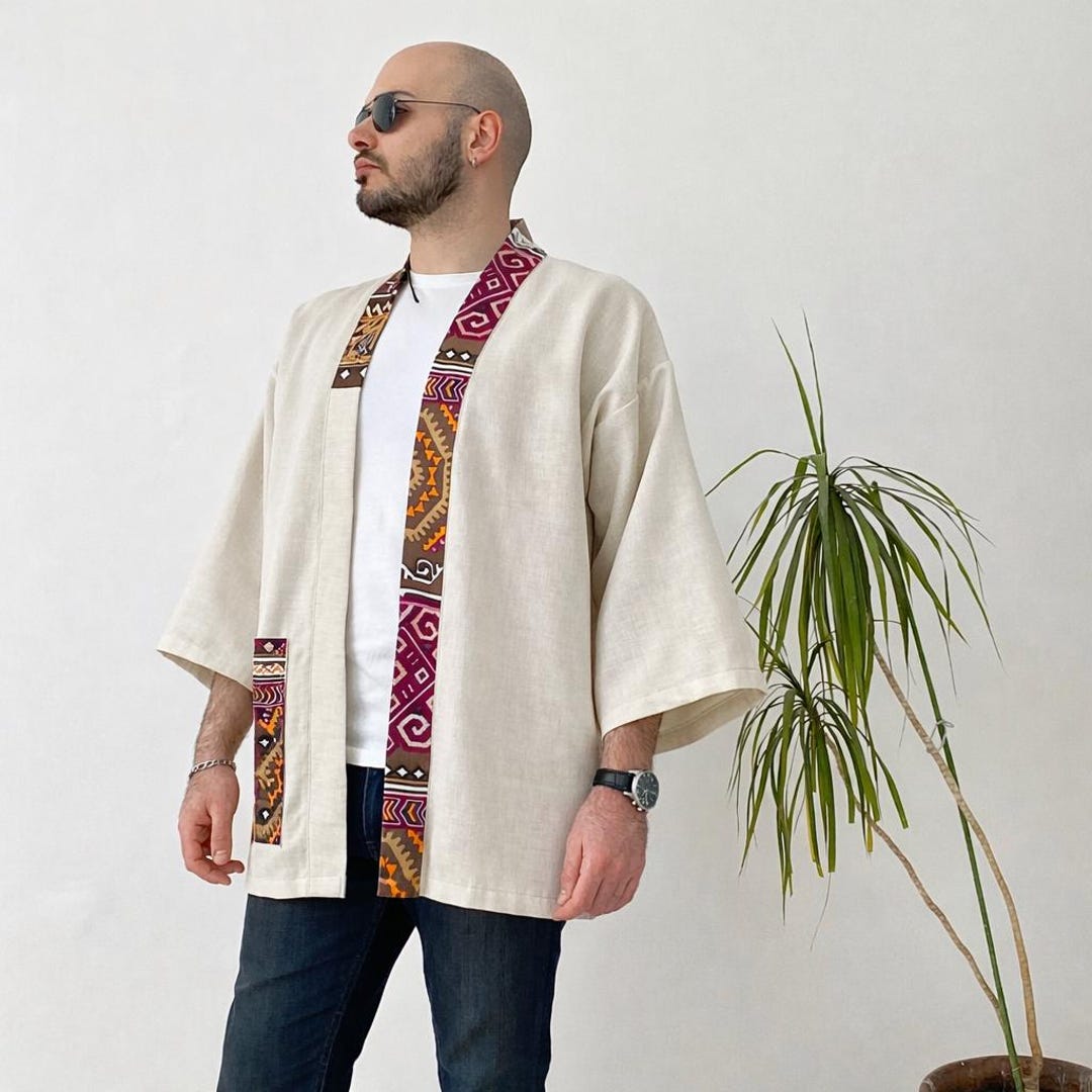 Linen Patchwork Kimono Jacket, Unisex Japanese Haori, Summer Coat
