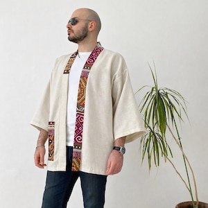 Linen Patchwork Kimono Jacket, Unisex Japanese Haori, Summer Coat