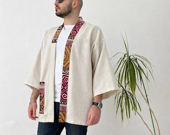 Linen Patchwork Kimono Jacket, Unisex Japanese Haori, Summer Coat