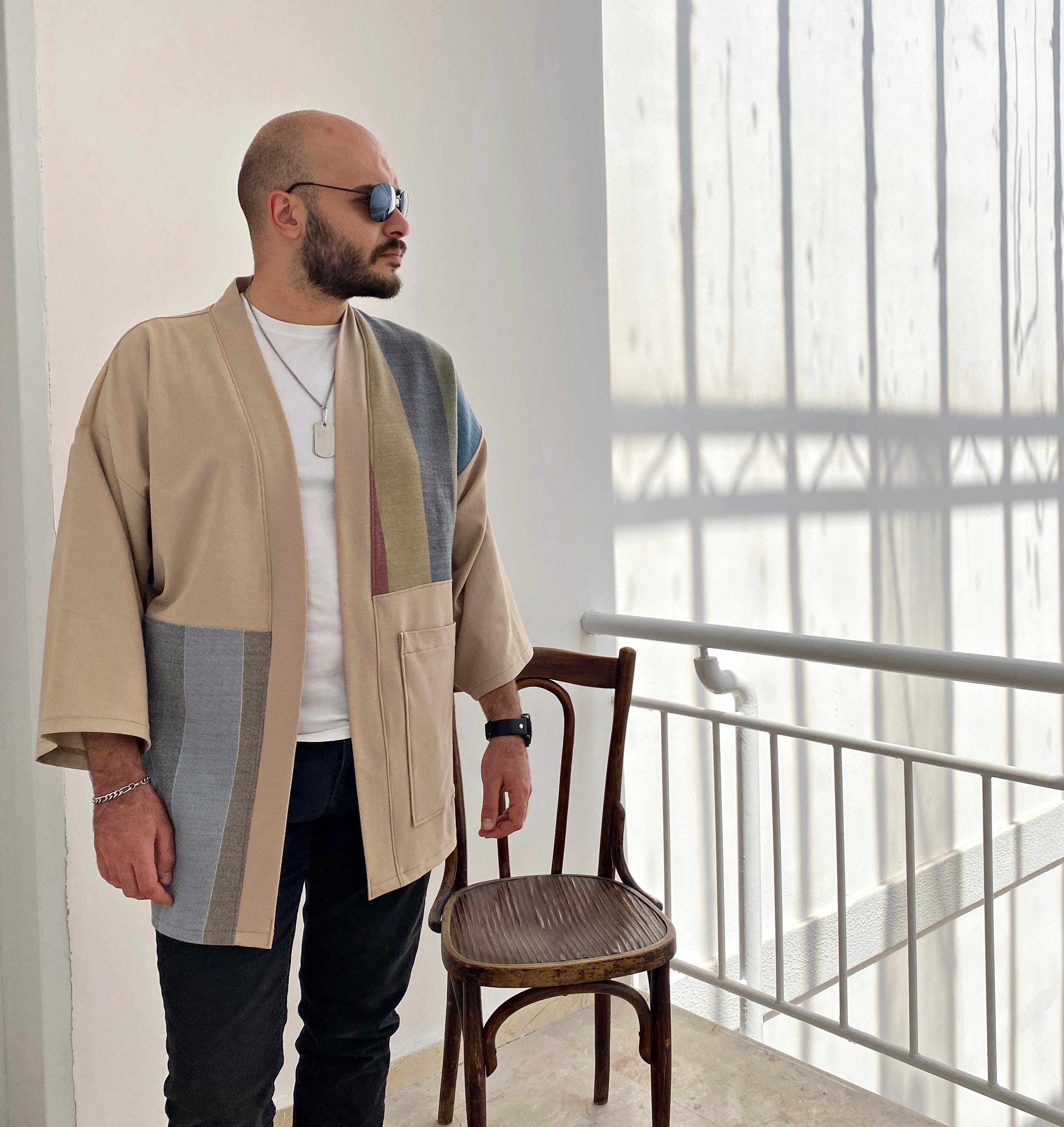 Men's Wool Blend Kimono Cardigan, Japan Style Haori Jacket, Noragi