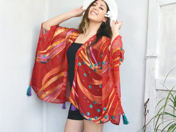 Bohemian Sheer Kimono Jacket, Bright Red Kimono Robe, Plus Size