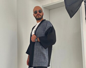 Haori in stile giapponese, giacca kimono con cuciture Sashiko