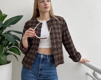 Linen Checkered Office Jacket, Women Minimalist Textured Cropped Blazer, Lightweight Spring Summer Layer