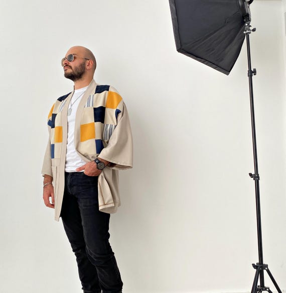 Men's Japanese Kimono Cardigan, Fall Patchwork Haori Jacket, Streetwear Loose Men Yukata Coat