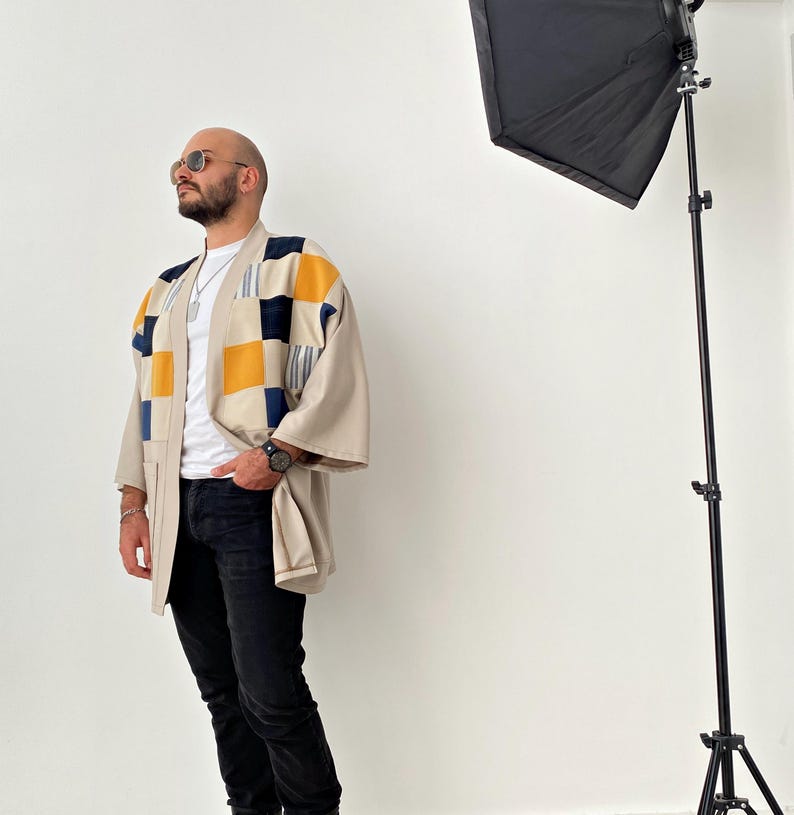 Men's Japanese Kimono Cardigan, Fall Patchwork Haori Jacket, Streetwear Loose Men Yukata Coat image 1