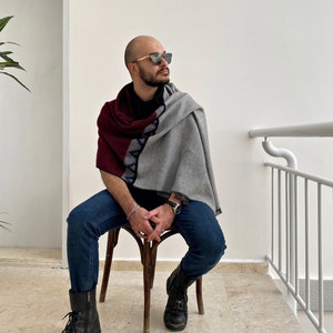 Wool Blanket Scarf, Aztec Tribal Shawl, Men Winter Boho Stole, Flannel Patchwork Scarf, Long Wrap Shawl, Women Men Travel Gift