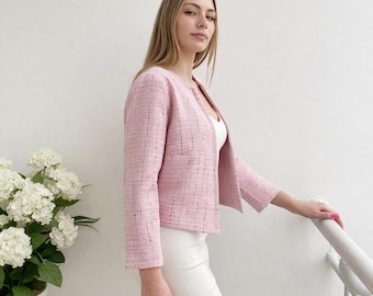 Textured Pink Linen Jacket, Women’s Minimalist Blazer, Lightweight Spring Summer Layer, Elegant Coat