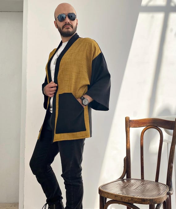 Mustard Men's Haori, Japanese Kimono Jacket, Baggy Flax Cardigan