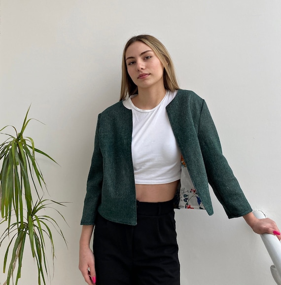 Women Cropped Jacket, Boho Wool Crop, Floral Lined Coat
