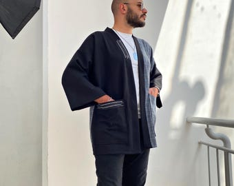 Japanese Style Haori, Sashiko Stitching Kimono Jacket, Patchwork Cardigan, Linen Noragi Plus Size