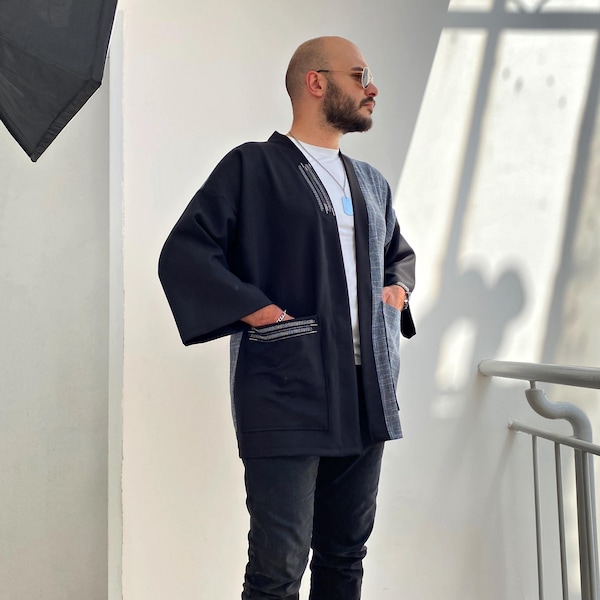 Japanese Style Haori, Sashiko Stitching Kimono Jacket, Patchwork Cardigan, Linen Noragi Plus Size