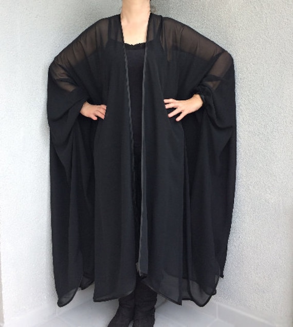 Black Dressing Gown Plus Size Maxi Kimono Sheer Long Robe |