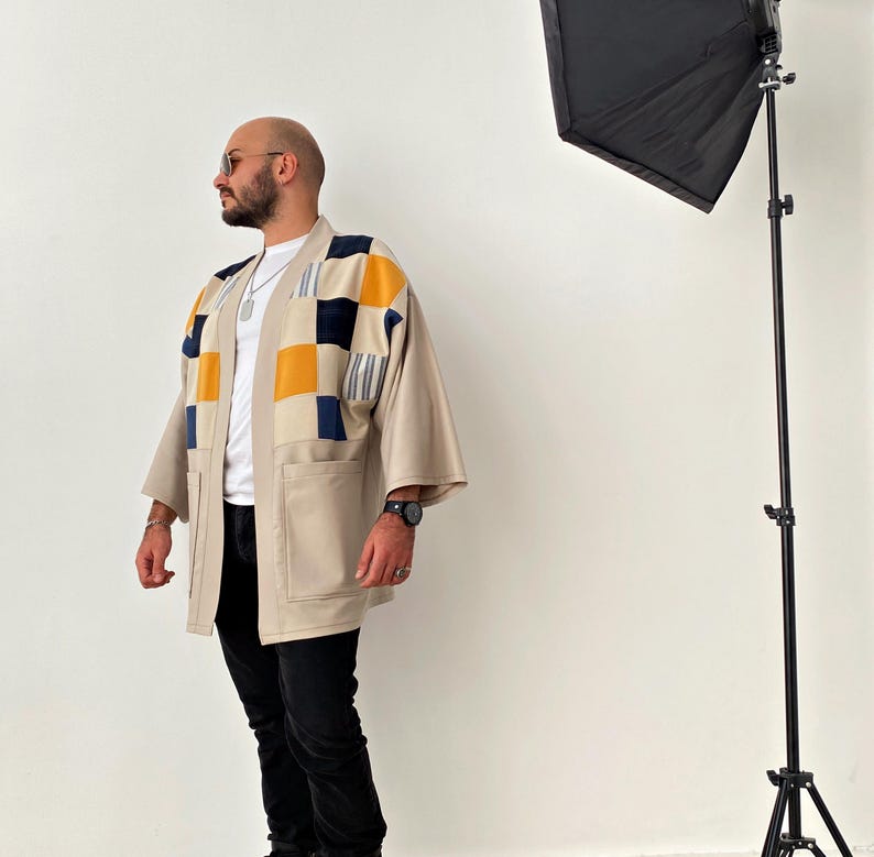 Men's Japanese Kimono Cardigan, Fall Patchwork Haori Jacket, Streetwear Loose Men Yukata Coat image 8