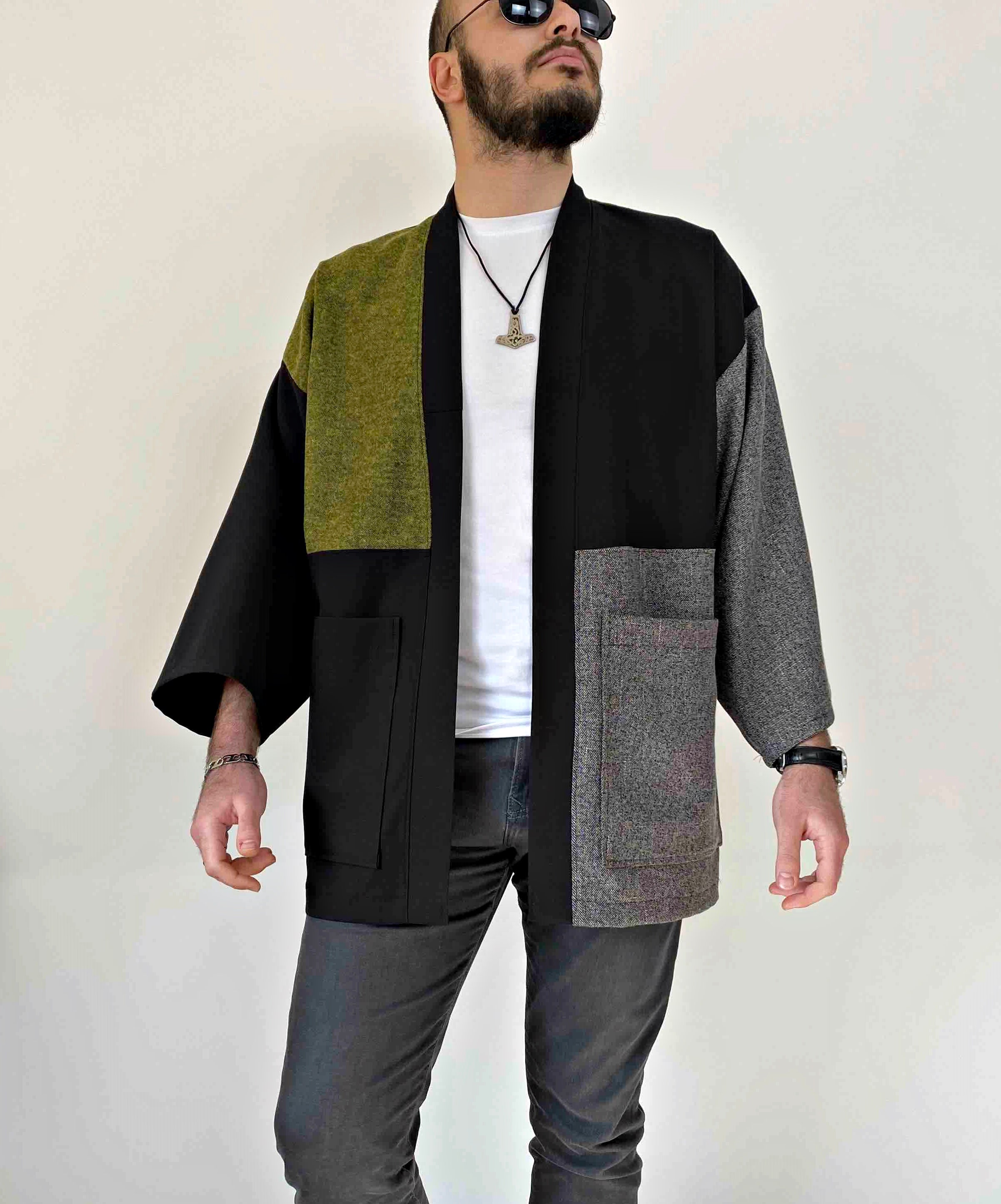 Conjunto de chaqueta tipo kimono japonesa para hombre, elegante abrigo  frontal abierto con pantalón, estilo chino, cárdigan estampado