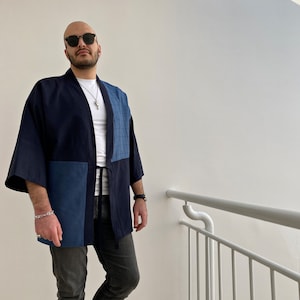 Men Japanese Style Fall Patchwork Jacket, Streetwear Haori Cardigan, Loose Unisex Kimono Top, Gender Neutral Clothing, Boyfriend Gift