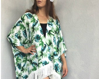 Tropische Monstera Kimono Jacke, Retro lose Frauen Flapper Top, japanischer Plus Size Kimono, Boho Beach Cover Up, Resort-Stil Badeanzug Top