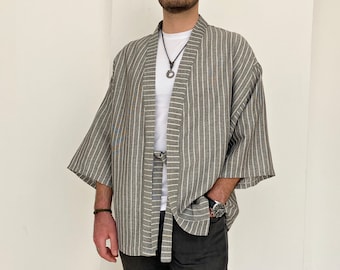 Men's Haori Kimono Jacket, Lightweight Cotton Striped Noragi, Streetwear Japanese Yukata Cardigan, Loose Summer Coat, Casual Baggy Clothing