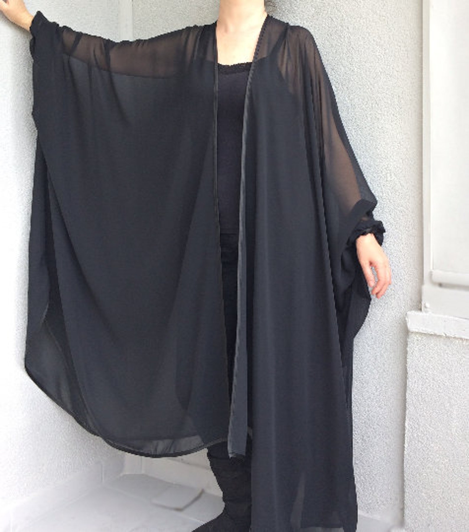 Black Dressing Gown Plus Size Maxi Kimono Sheer Long Robe - Etsy