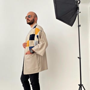 Men's Japanese Kimono Cardigan, Fall Patchwork Haori Jacket, Streetwear Loose Men Yukata Coat image 4