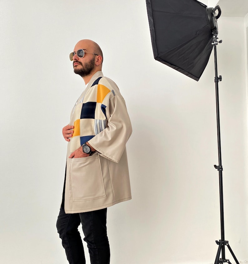 Men's Japanese Kimono Cardigan, Fall Patchwork Haori Jacket, Streetwear Loose Men Yukata Coat image 4