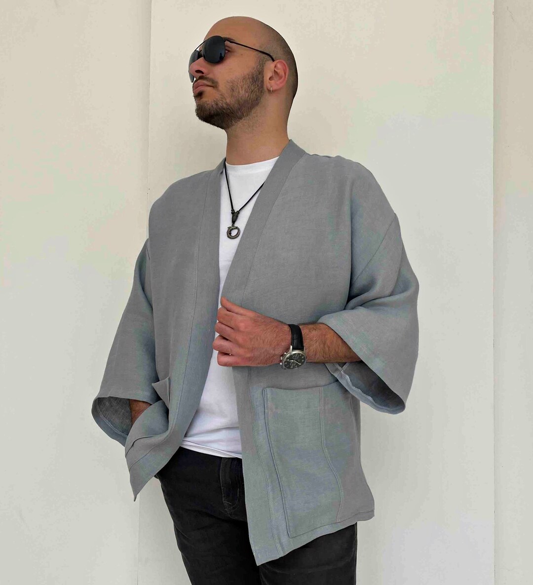 ジャケット・アウター Juemi kimono cardigan gray Boho Japanese Kimono, Light Gray Kimono, Long Sleeve
