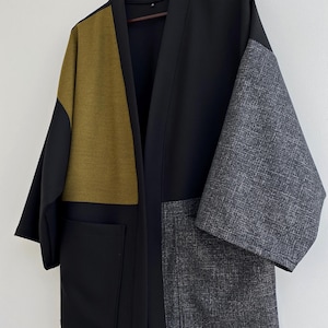 Men Japanese Kimono Cardigan, Streetwear Loose Haori Coat, Fall Patchwork Jacket, Flannel Urban Clothing image 2